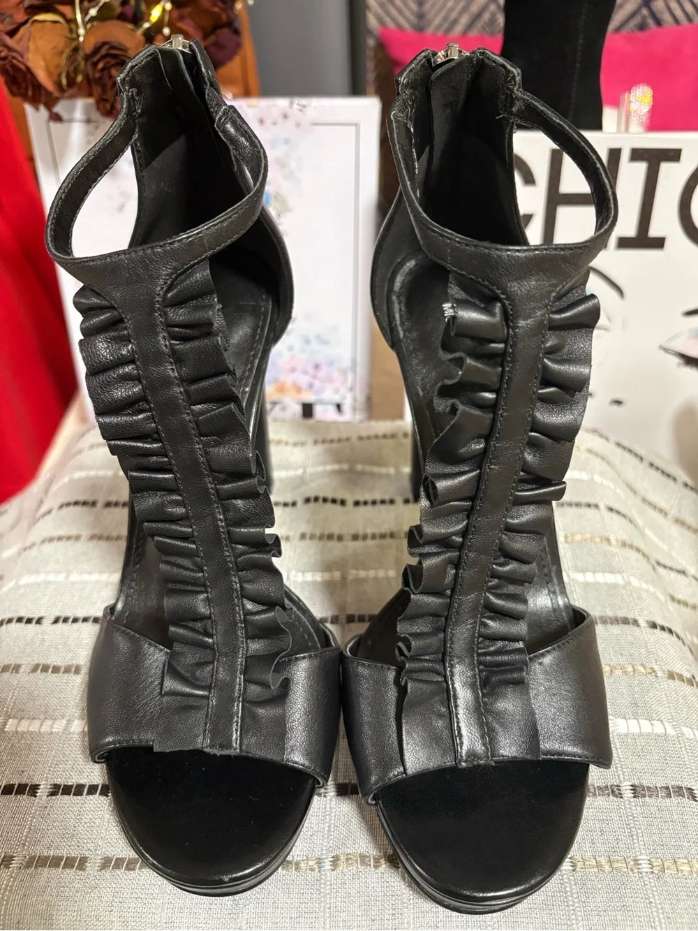 Michael Kors Bella Open Toe Ruffled Leather Platform Sandal Black, Size 6 M